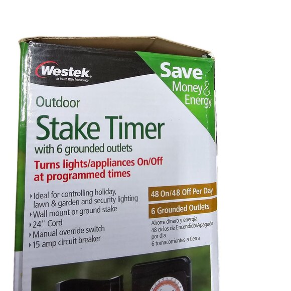 Outdoor Stake Timer With 6 Grounded Outlets 24" Cord 15 Amp Circuit Breaker - Picture 2 of 7